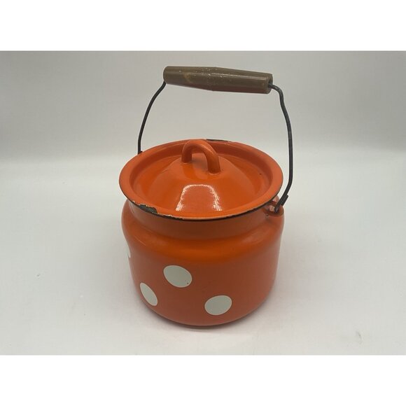 Enamel VTG  6 Inch High Mllk Can or Milk Churn Red/Orange w/White Polka Dots - Picture 15 of 16
